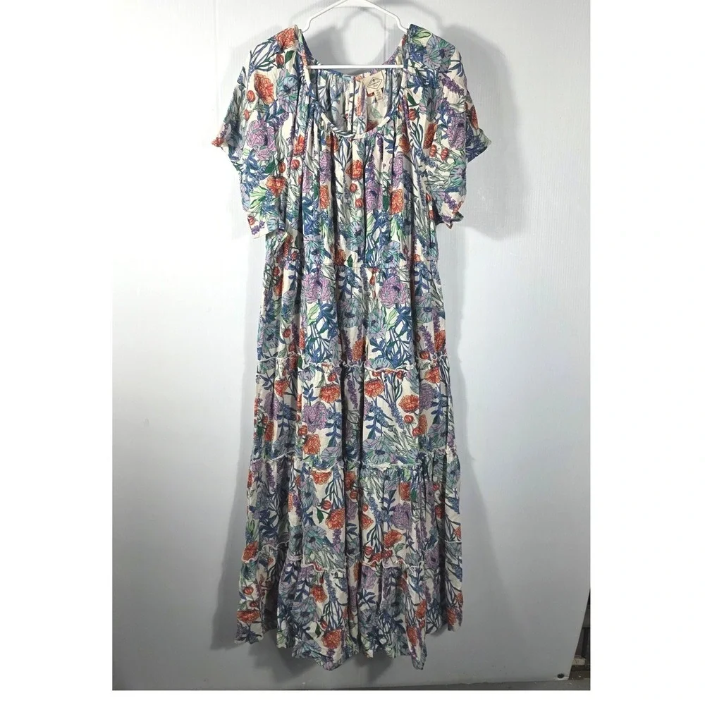 St Johns Bay Womens 3X Floral Tiered Maxi Dress Boho Short Sleeve Rayon Blend